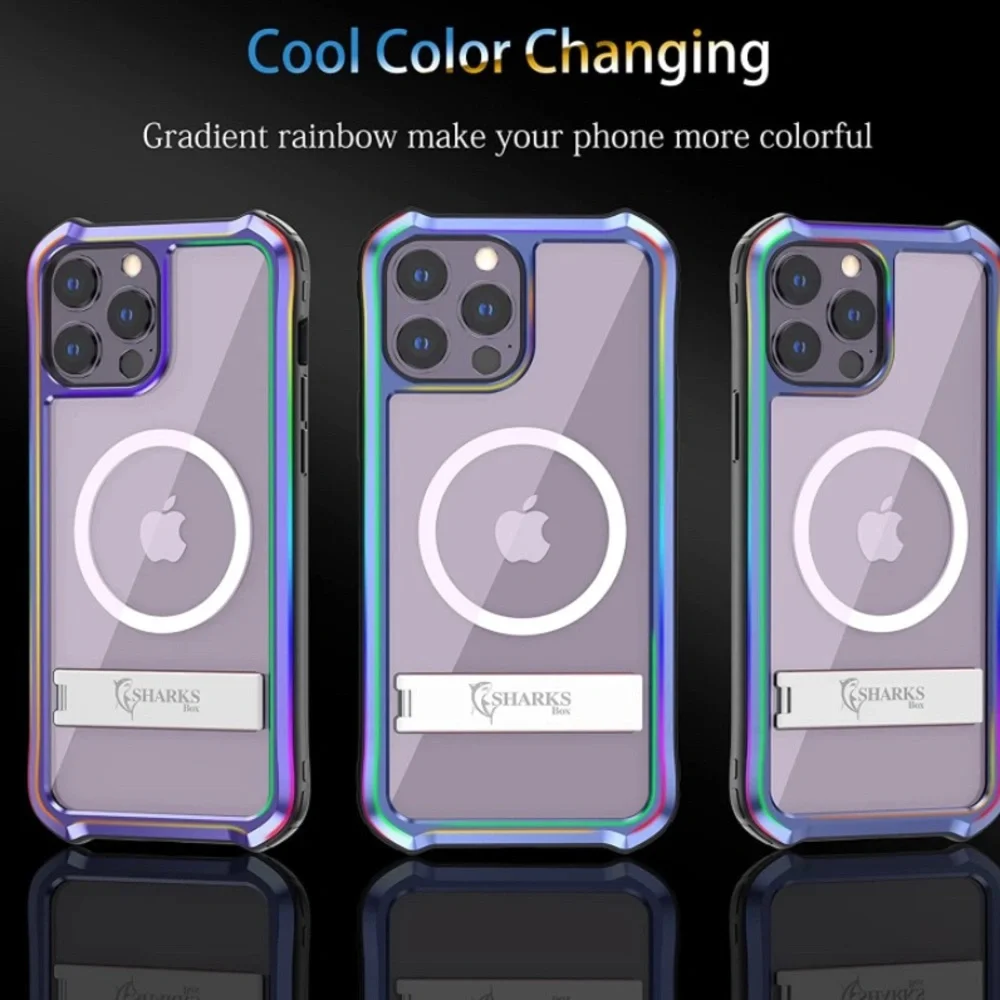 New SHARKS Box Magnetic Circle Kickstand Clear Case for iPhone 14 Pro